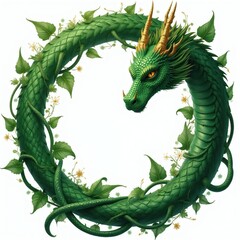 Fototapeta premium Green dragon forms circle with golden horns, orange eyes. Rich leaves, vines entwined around scaly body. Small yellow flowers bloom on white background. Majestic creature heralds good fortune,