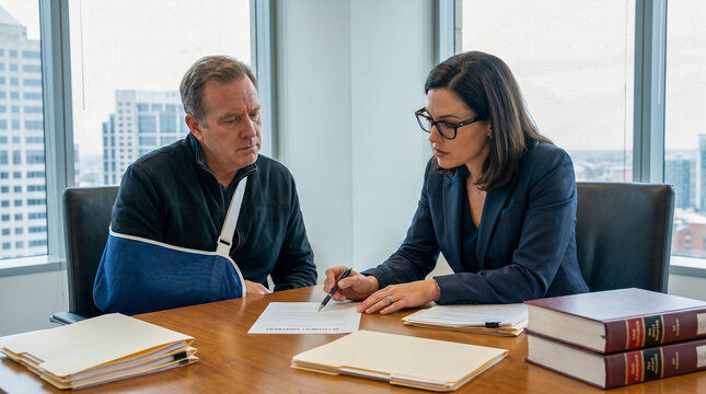 Injured man consulting with lawyer for personal injury compensation claim