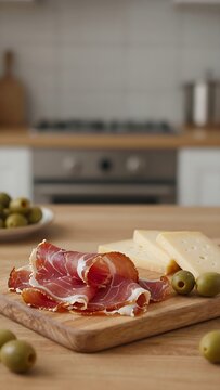 Romanian mezel cu unc afumat served with cheese and green olives
