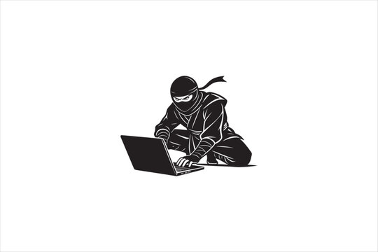 Black and white vector illustration of a ninja hacker character typing on a laptop. Concept of cyber security, data breach, and stealth coding isolated on white background. Vector illustration.