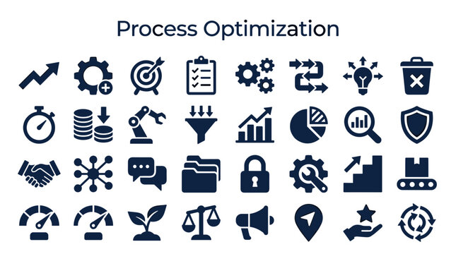 Process optimization icons set representing business efficiency improvement and workflow management concepts for strategy planning and digital transformation