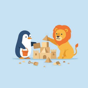Penguin and lion building sandcastle together cartoon illustration