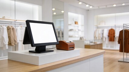 Naklejka premium A cashier's desk with a computer screen and a cash register sits at the front of a modern clothing store with racks of clothes and shelves in the background.