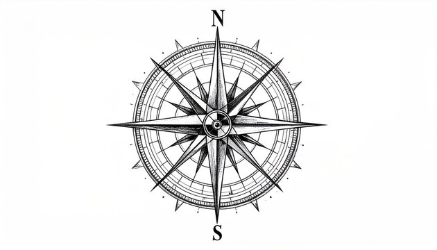 Vintage compass rose illustration with cardinal directions North South East West detailed nautical design