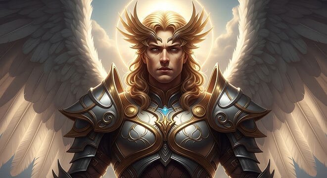 Majestic Armored Angel Warrior Standing with Wings in Dramatic Heavenly Light