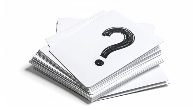 Stack of blank white cards with a hand-drawn black question mark on the top card