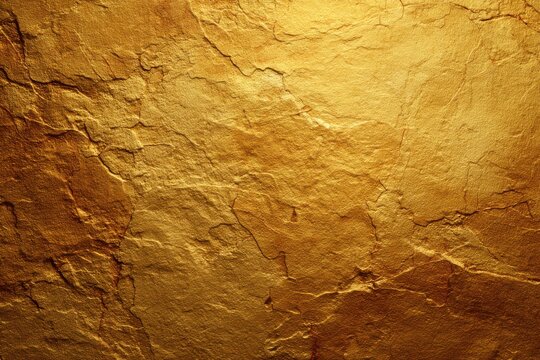 Abstract gold rock texture with rough cracks and shimmering metallic surface background.