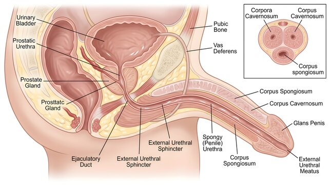 Sagittal anatomical illustration of the adult male pelvis showing urinary bladder, prostate gland, urethra, erectile tissues of the penis, glans, corpus spongiosum, corpora cavernosa, vas deferens, an