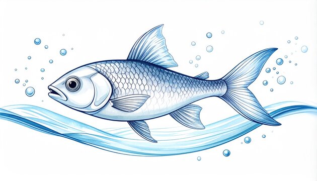 Stylized illustration of a silver fish swimming in blue water with bubbles clean white background