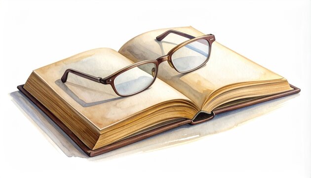 Watercolor illustration of open book with eyeglasses on pages white background
