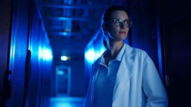 A female engineer stands confidently in a modern data center with atmospheric blue lighting.