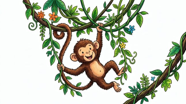 Joyful cartoon monkey playfully swinging on vibrant green jungle vines, depicting a happy and adventurous primate in a lush tropical forest illustration