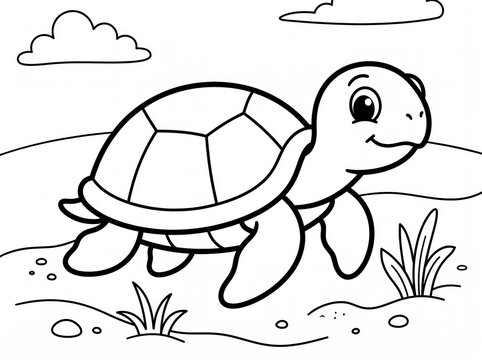 Cute cartoon turtle coloring page for kids with simple background and fun design elements