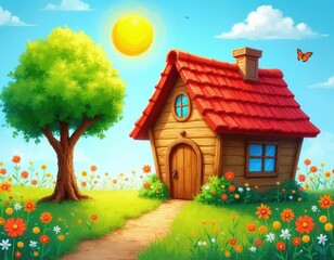 Fototapeta premium Cute cartoon house with red roof sits on green grass field. Bright sun shines over tree. Colorful flowers bloom. Butterfly flies near house. Peaceful summer day illustration for children stories.