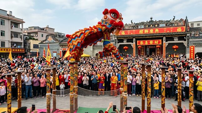 Lion dance performance on poles during traditional chinese festival