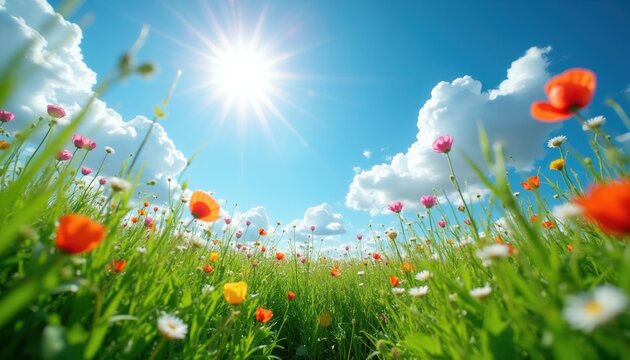 Low angle view of vibrant meadow with colorful wildflowers, green grass under bright sun and blue sky with clouds. Nature scene inspires peace and joy.