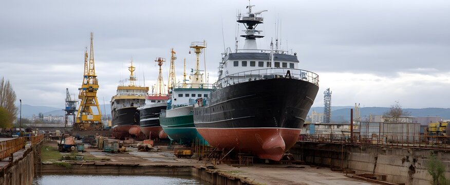 The boatyard features rugged vessels in dry dock alongside sturdy maintenance equipment.