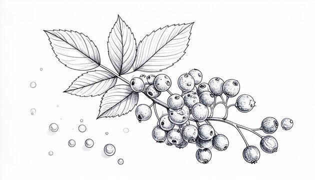 Detailed ink illustration of elderberries and leaves with floating water droplets on white background