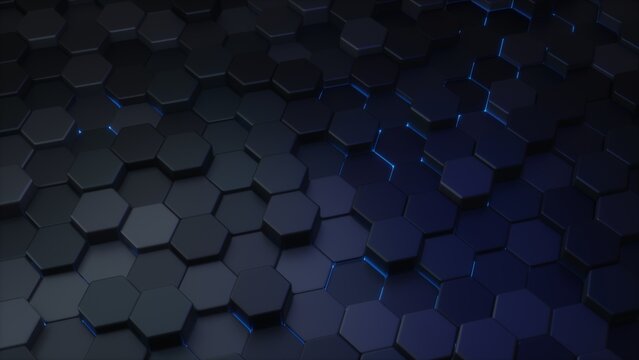 Hexagon dark grid pattern blue light 3d render