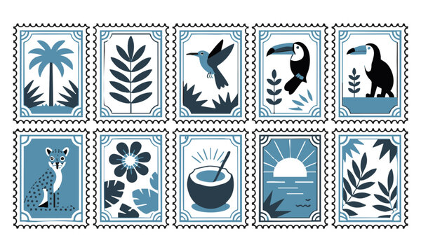 Decorative Tropical Jungle Postage Stamp Style Flat Vector Illustration Set.