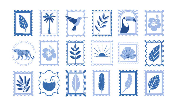 Exotic Jungle Leaf And Wildlife Decorative Stamp Style Vector Art.