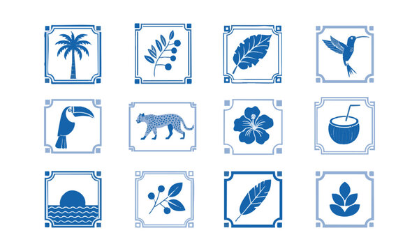 Blue Monochrome Tropical Botanical Stamp Vector Collection.