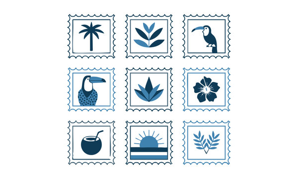 Minimal Tropical Flora And Fauna Decorative Vector Illustration Set.