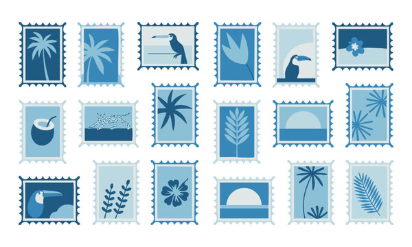 Vintage Inspired Tropical Botanical Postage Stamp Vector Elements.