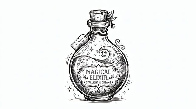 Enchanted Elixir Bottle Art Hand-drawn Illustration of a Mystical Potion with Swirls and Sparkles for Fantasy Concepts