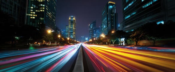 Obraz premium Evening vehicles dance through glowing city avenues filling night with vibrant energy