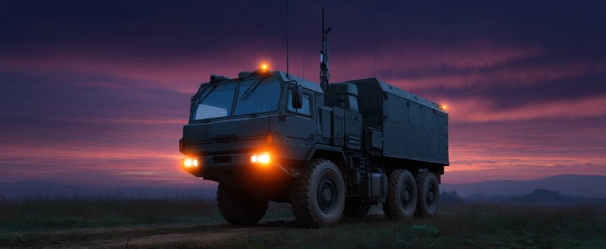 Electronic warfare jammer system engaged on military vehicle during dusk operations