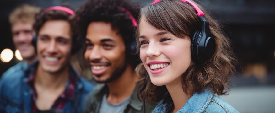 friends bonding through shared headphones and music embodying youth culture connection for entertainment marketing