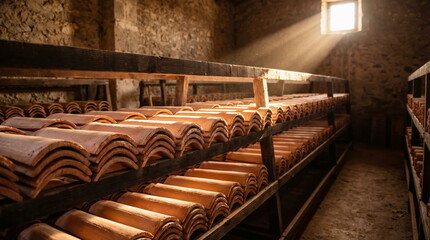 Obraz premium Terracotta roof tiles stacked on wooden racks in rustic old workshop with sunbeam, showcasing traditional building craftsmanship.