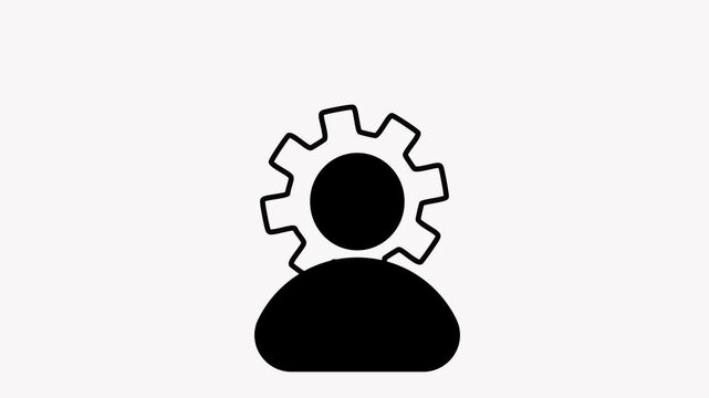Simple black silhouette of a person with a gear above their head symbolizing settings configuration or technical support concept.