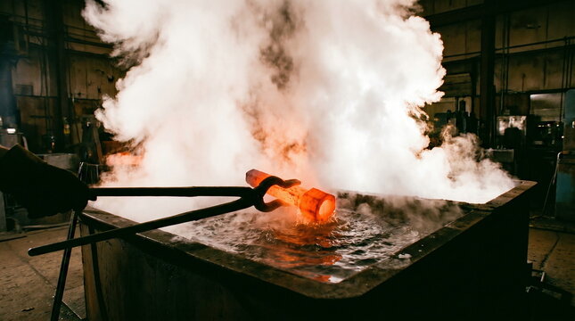 Forging hot metal being quenched in water bath, dark industrial workshop, steel hardening process with steam.