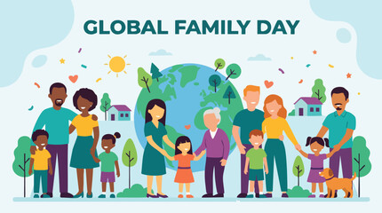 Fototapeta premium Diverse family group in flat illustration style with colorful vibrant lighting for Global Family Day celebration