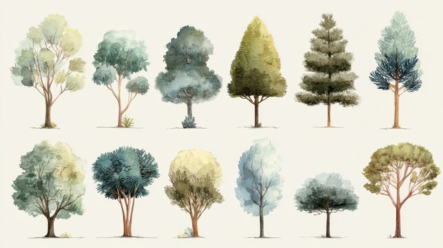 Collection of various watercolor hand painted trees isolated on simple off white background.