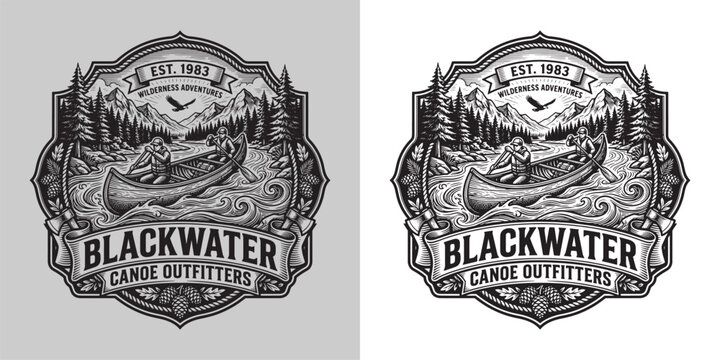 Vintage Blackwater Canoe Outfitters Wilderness Adventures Emblem with Canoeing in River