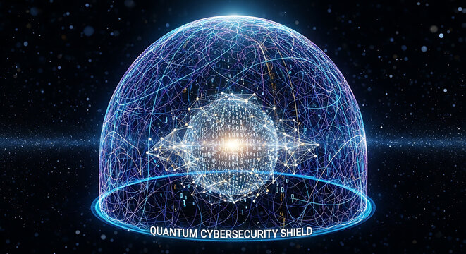 Glowing blue energy force field dome in deep space