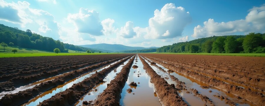 Ploughed field after rain shows muddy furrows with water puddles. Green hills and trees form background under blue cloudy sky. Agricultural land awaits planting or harvesting.