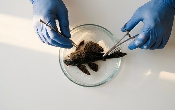 Top view of environmental scientist in blue gloves examining suckermouth catfish in a petri dish.