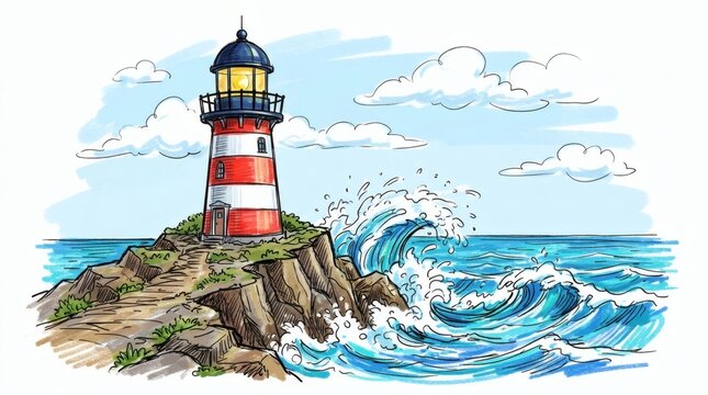 Coastal lighthouse standing tall amidst crashing waves on a rocky outcrop under a partly cloudy sky, a beacon of maritime guidance