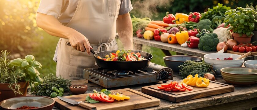 Outdoor Cooking Scene &mdash; Chef Preparing Veggie Stir-Fry on Portable Stove