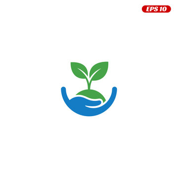 Green plant growing in caring hands logo concept.