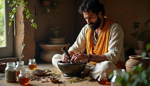 traditional ayurvedic practitioner crushing dried herbs with a mortar and pestle in a rustic workshop
