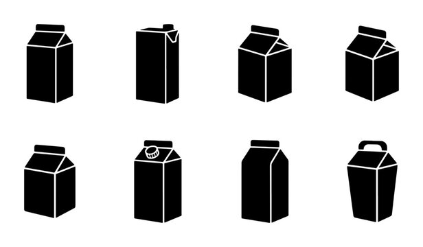 Milk Carton Icons Set, Beverage Packaging Vector Graphics, Dairy Drink Containers Collection