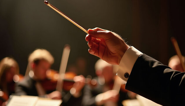 Conductor hand with baton directs orchestra musicians playing violins. Close up of maestro leading string ensemble performance on stage. Classical music concert practice session.