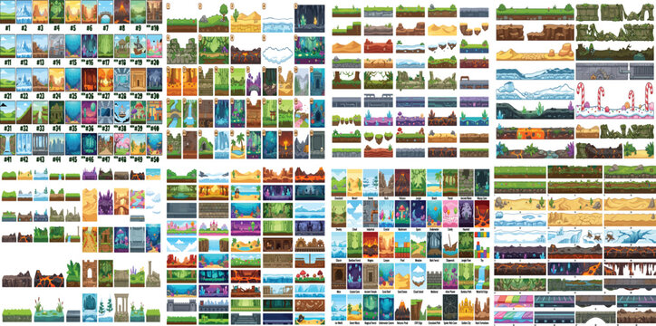 Retro pixel art game level kit, 2D platformer environment assets with parallax backgrounds and ground tiles, colorful arcade world building set