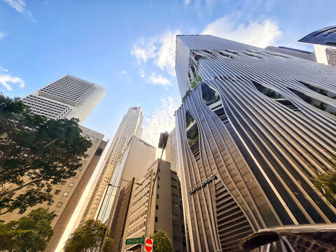 Low angle view of corporate skyscrapers in the central business district of downtown Singapore