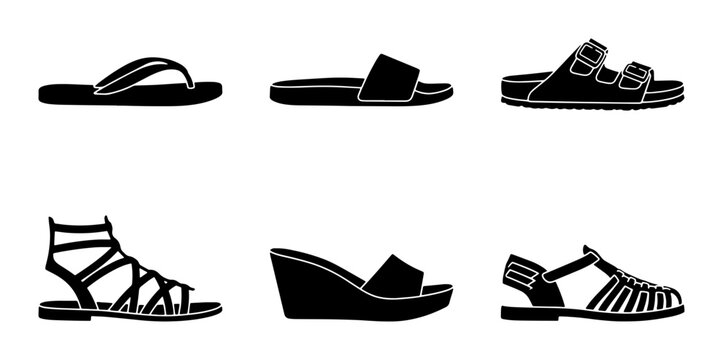 Six Black Silhouette Footwear Styles, Summer Sandals Collection, Casual Shoe Icons